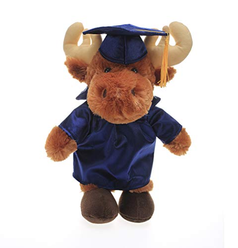 Plushland Moose Plush Stuffed Animal Toys Present Gifts for Graduation Day, Personalized Text, Name or Your School Logo on Gown, Best for Any Grad School Kids 12 Inches(Navy Cap and Gown)