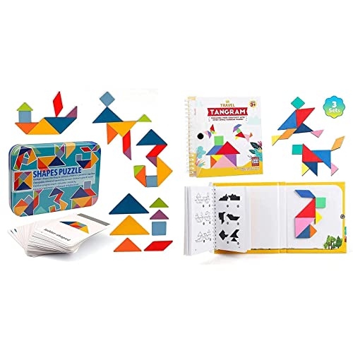 Vanmor Wooden Tangram Set with 60 Design Cards & 240 Solution Travel Tangram Puzzle with 3 Set of Magnetic Tangram