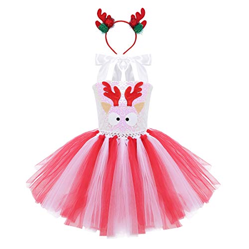 inlzdz Kids Girls Sleeveless Shiny Sequins Cartoon Elk Applique Mesh Tutu Dress with Hair Hoop Set for Christmas Red&White 8-9