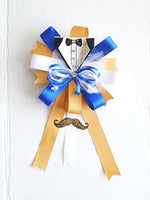Tuxedo Mustache Little Gentleman Prince Baby Shower Themed Corsage for Mother to Be (It's a Boy - Royal Blue , Gold)