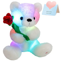 Houwsbaby Glow Teddy Bear with Rose Stuffed Animal Soft Light Up Plush Toy LED Night Lights Valentines Day Gifts for Kids Toddler Girlfriend Mother's Day, White, 10.5''
