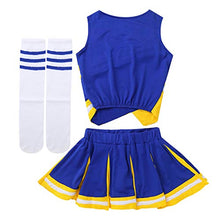 Load image into Gallery viewer, Haitryli Kids Girls Sleeveless Team Uniform Top with Pleated Skirt Socks Set Cheerleading Fancy Dress Up Yellow&amp;Blue 8-10
