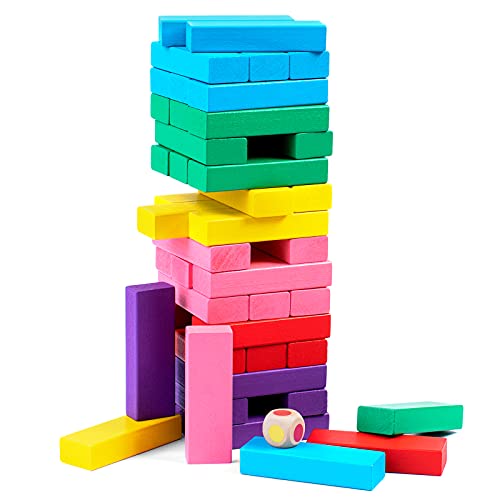 Stacking Board Game,Colored Wooden Stacking Game,48PCS Tumble Tower with Dice,Colorful Stacking Block Party Game,Educational Stacking Building Blocks for Kids,Stacking Gifts Set for Boys Girls Adults