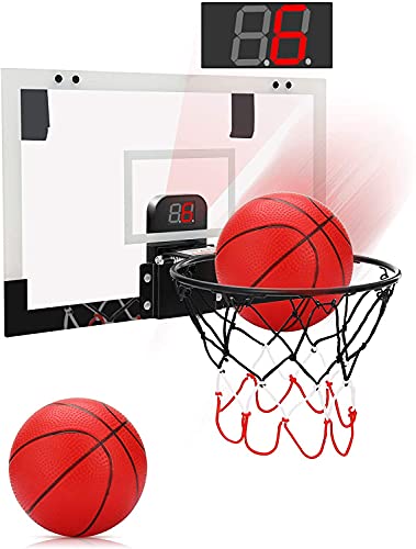 PELLOR Mini Basketball Hoop Set with Electronic Score Record and Sounds, Indoor Basketball Hoop Suit Over The Door with 2 Balls, Hand Pump Basketball Backboard Toy Gifts for Kids Boys Teens and Adults