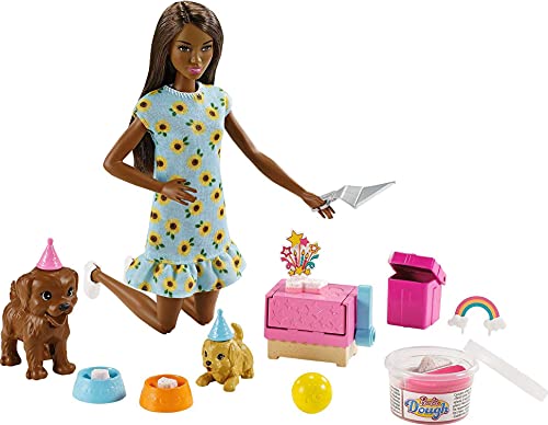 Barbie Doll (11.5-inch Brunette) and Puppy Party Playset with 2 Pet Puppies, Dough, Cake Mold and Accessories, Gift for 3 to 7 Year Olds