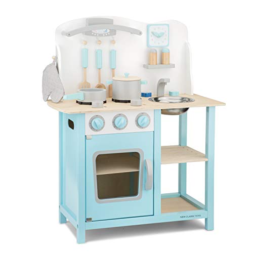 New Classic Toys Blue Wooden Pretend Play Toy Kitchen for Kids with Role Play Bon Appetit Included Accesoires