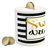 Load image into Gallery viewer, Ambesonne Saying Piggy Bank, Vintage Hand Drawn Lettering Design with Monochrome Stripes Background, Printed Ceramic Coin Bank Money Box for Cash Saving, Yellow Black White
