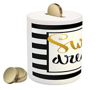 Ambesonne Saying Piggy Bank, Vintage Hand Drawn Lettering Design with Monochrome Stripes Background, Printed Ceramic Coin Bank Money Box for Cash Saving, Yellow Black White