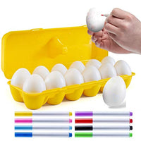 Prextex 12 Maracas Egg Shakers Musical Percussion Toy - 12 White Plastic Easter Eggs in Carton with 8 Color Markers - Great Rhythm Learning Toy for Kids, DIY Painting, Easter Egg Hunts and Easter Gift