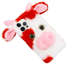 Load image into Gallery viewer, Milk Cow Case for Moto G Play 2021 [NOT for Moto G Play 2020], Girlyard Cute 3D Cartoon Dairy Cattle Fluffy Hairy Cover Fuzzy Warm Faux Plush Doll Soft Furry Protective Shell for Women Girls - Red

