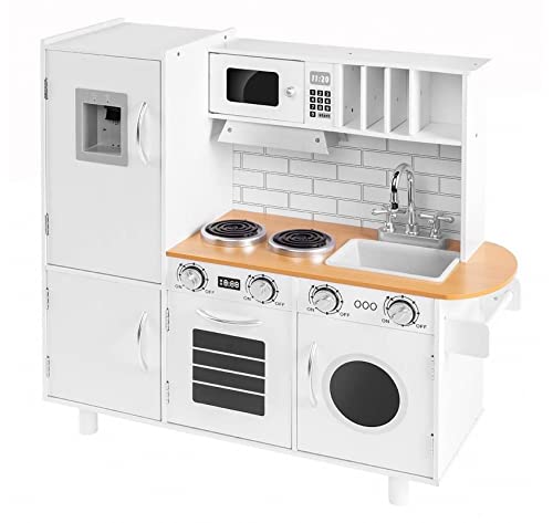 White Play Kitchen Set for Toddlers, Wooden Kitchen Playset with Ice Make, Height Adjustable Large Toy Kitchen for Kids, Children's Kitchen Height 35.4in