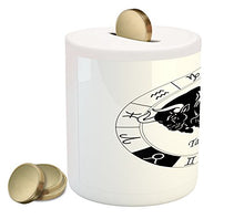 Load image into Gallery viewer, Ambesonne Zodiac Taurus Piggy Bank, Mythological Ox Jumping Silhouette in a Zodiac Wheel with 12 Signs, Printed Ceramic Coin Bank Money Box for Cash Saving, Black and White
