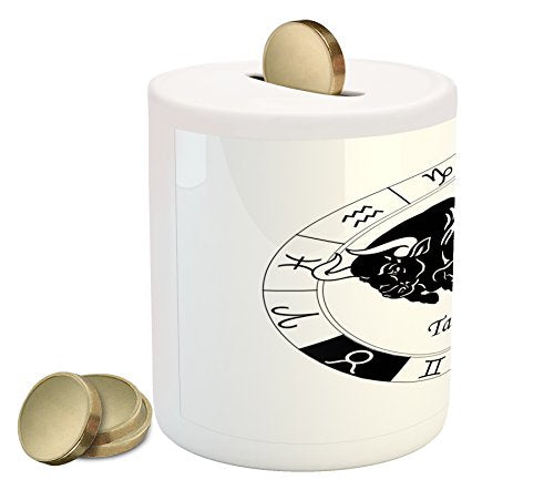 Ambesonne Zodiac Taurus Piggy Bank, Mythological Ox Jumping Silhouette in a Zodiac Wheel with 12 Signs, Printed Ceramic Coin Bank Money Box for Cash Saving, Black and White