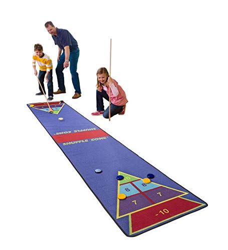 Shuffle Zone Play Carpet, Indoor Outdoor Shuffleboard Game for Kids, 2 Wooden Cues, 10 Wooden Pucks, Fun Strategy Game, 2.25'W x 12'L