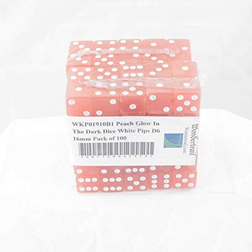 Peach Glow in The Dark Dice with White Pips D6 16mm (5/8in) Pack of 100 Wondertrail