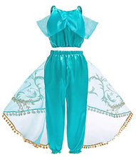 Load image into Gallery viewer, Jurebecia Jasmine Outfit for Girls Dress up Fancy Princess Costume Birthday Party Dress Kids Sequin Off Shoulder Belly Dance Crop Top and Pants Halloween Christmas Cosplay Role Play Size 8/7-8Years

