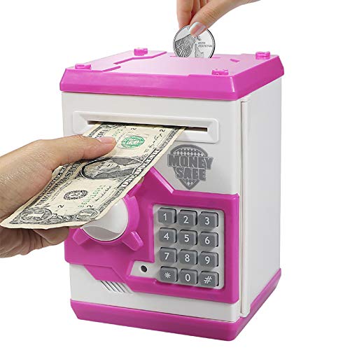 Brekya Mini ATM Piggy Bank Security Machine Best Gift for Kids,Electronic Code Piggy Bank Money Counter Safe Box Coin Bank for Boys Girls Password Lock (Pink)