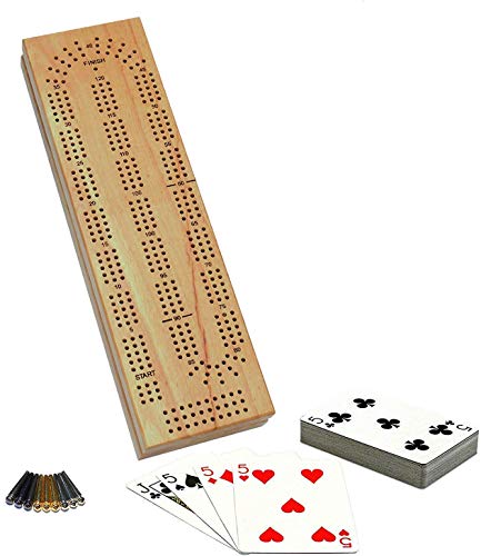 WE Games Cabinet Cribbage Set - Solid Wood Continuous 3 Track Board with Easy Grip Pegs, Cards and Storage Area