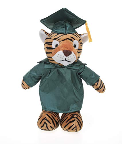 Plushland Tiger Plush Stuffed Animal Toys Present Gifts for Graduation Day, Personalized Text, Name or Your School Logo on Gown, Best for Any Grad School Kids 12 Inches(Forest Green Cap and Gown)