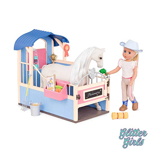 Glitter Girls Dolls by Battat  GG Horse Stable Barn Playset with Saddle and Play Food Items (Pink & Blue)  14-inch Doll and Horse Accessories for Kids Ages 3 and Up  Childrens Toys