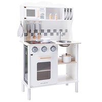 New Classic Toys 11068 Wooden Pretend Toy Kitchen for Kids with Role Play Bon Appetit Electric Cooking Included Accesoires Makes Sound, Modern White