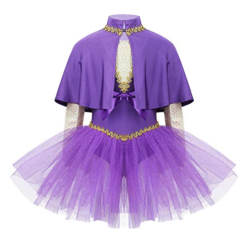 Aiihoo Kids Girls Circus Trapeze Costume Princess Tutu Dress with Cape and Gloves Halloween Cosplay Party Outfit Purple 8 Years