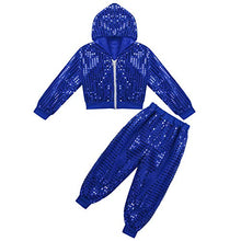 Load image into Gallery viewer, Kaerm Kids Girls Boys Long Sleeves Zippered Jazz Hip-Hop Stree Dance Costume Glittery Sequined Outfits Blue 10-12
