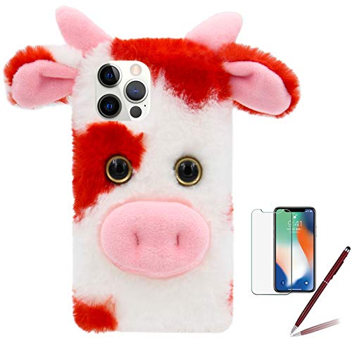 Milk Cow Case for Moto G Play 2021 [NOT for Moto G Play 2020], Girlyard Cute 3D Cartoon Dairy Cattle Fluffy Hairy Cover Fuzzy Warm Faux Plush Doll Soft Furry Protective Shell for Women Girls - Red
