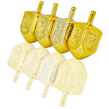 Load image into Gallery viewer, The Dreidel Company Hanukkah Plastic Gold Metallic Dreidels with Letters &amp; English Transliteration - 4-Pack Blister
