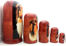 Load image into Gallery viewer, Collie Dog Nesting Dolls Russian Hand Carved Hand Painted 5 Piece Matryoshka Dog Set / 7&quot; H
