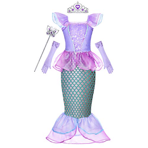 Cmiko Princess Ariel Costume Little Girls Mermaid Dress Up Clothes Purple Fancy Outfit with Tiara Wand Mace Gloves Accessories Set for Toddler Kids Halloween Cosplay Birthday Party 3T 4T 3-4 Years