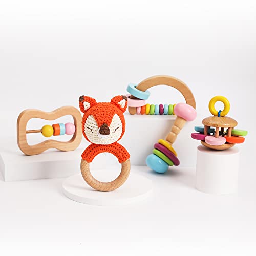 Wooden Baby Toys 5 pc Organic Wood Rattle Toys Colors Series Stimulate Visual Development Montessori Wooden Toy