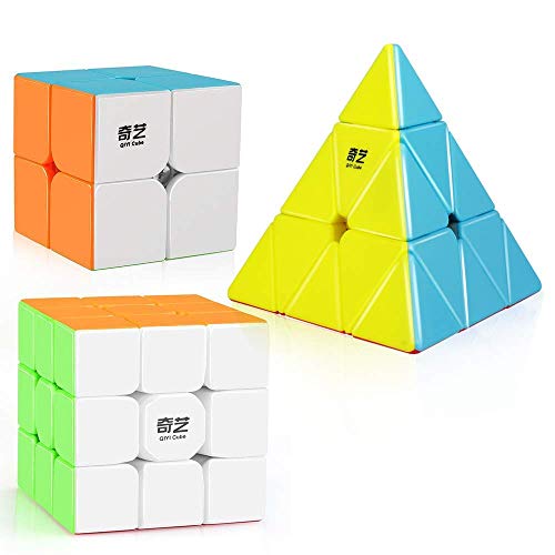 D-FantiX Qiyi Stickerless Speed Cube Set, Qidi S 2x2 Warrior W 3x3 Qiming Pyramid Magic Cube Puzzle Toys