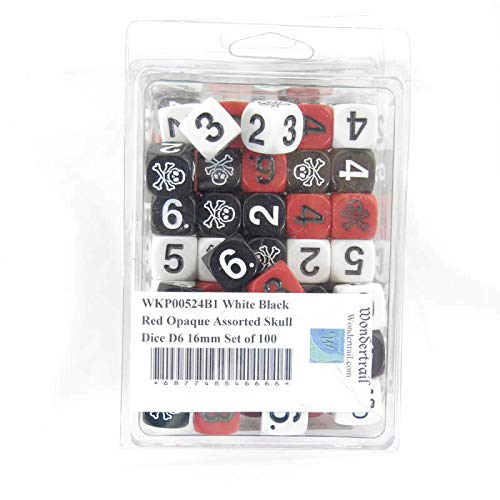 White Black and Red Opaque Assorted Skull Dice D6 16mm (5/8in) Set of 100 Wondertrail