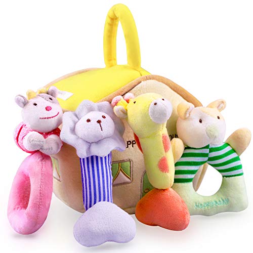 iPlay, iLearn 4 Plush Baby Soft Rattle Set, Hand Grab Sensory Toys, Organic Teether and Shaker, Farm Stuffed Animals, Shower Gifts for 2, 3, 6, 9, 12, 18 Month Olds Newborn, Infant, Toddler, Boy, Girl