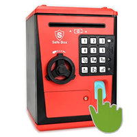 Kids Safe Box with Fingerprint Code, Talking Piggy Bank, ATM Savings Bank for Real Money, Great Toy Gift for Children(Black/Red)