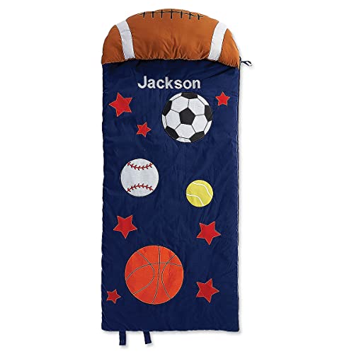 Lillian Vernon Kids Sports Print Personalized Lightweight Indoor Sleeping Bag with Detachable Pillow, Girls and Boys Bedding, Navy Blue, 30 x 60 Plus 12 inch Pillow
