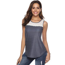 Load image into Gallery viewer, WYTong Women Summer Sleeveless T Shirt Casual Stripe Print Tank Top Lace Splicing Crew Neck Vest Shirt Blouse(Blue,M)
