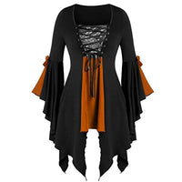 general3 Women Halloween Gothic Witch Costume Tops Lace Sequined Butterfly Sleeve Cross Bandage High Waist Hem Blouse (Orange, 5XL)