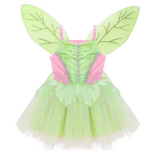 Aislor Kids Girls Halloween Fairy Princess Costumes Mesh Tutu Dress Glittery Wings Set Roleplay Party Tea Green 8-10