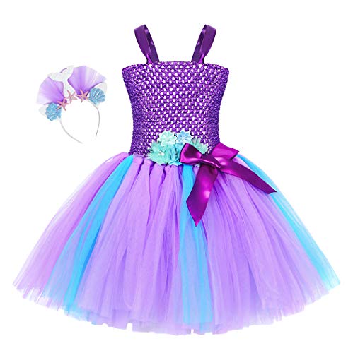 Jurebecia Mermaid Tulle Skirt Costume for Girls Halloween Dress up Kids Birthday Party Outfit Princess Theme Party Role Play Mermaid Tutu Dress Cosplay Holiday Dresses with Headband Size 4-5 Years
