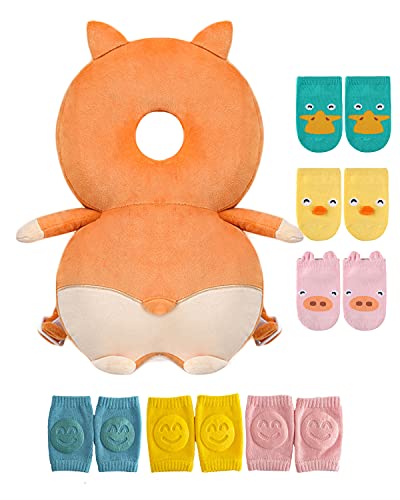 JunNeng Toddler Baby Head Protector Pad Safety Cushion with Knee Pads&Anti-Slip Socks (Corgi),6 Months-3 Years