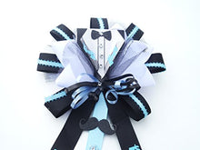 Load image into Gallery viewer, Tuxedo Little Man Baby Shower Themed Corsage for Mother to Be (It&#39;s a Boy - Blue, White and Light Blue Mustache)
