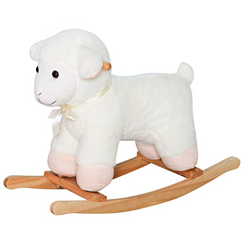 Qaba Lamb Rocking Horse Sheep, Nursery Stuffed Animal Ride On Rocker for Kids, Wooden Plush, White