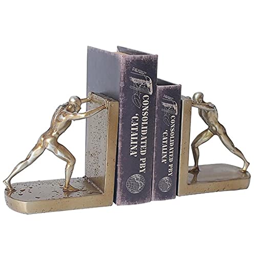 UXZDX Decorative Book Shelf Bookends, Golden Man Pushing Book Support, Book Stopper Ornaments Resin Craft for Home Cabinet