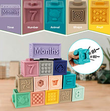 Load image into Gallery viewer, Mini Tudou 14 PCS Baby Blocks Soft Building Blocks Toys w/ Milestone Blocks &amp; Play Mat, Educational Squeeze Teether Sensory Toy w/ Numbers Animals Shapes Textures for Babies Toddlers Boys &amp; Girls
