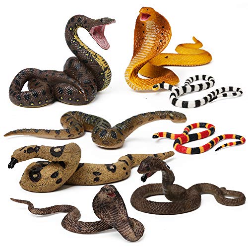UANDME 8pcs Fake Snakes Toy Figurines Realistic Fake Snake Prank Rubber Snake Props Scary Snake Toy Scare Birds, Cobra Snake, Boa Constrictor, Coral Snake, Rattlesnake Wild Life Figures