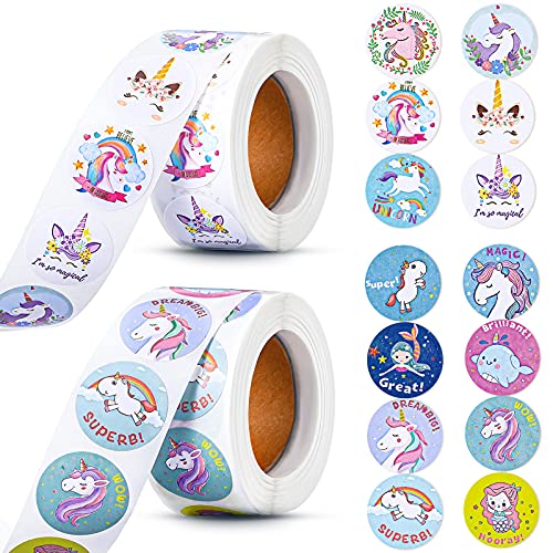 1000 Pieces Cute Unicorn Stickers Roll Unicorn Labels Stickers Round Self Adhesive Envelopes Tag Seals Decals for Easter Unicorn Themed Party Favor, Water Bottles, Scrapbooking, Thanksgiving Cards