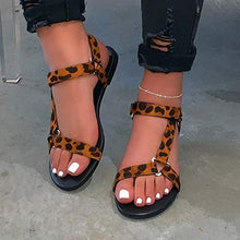 Load image into Gallery viewer, HIRIRI Women&#39;s Leopard Print Flats Open Toe Ankle Strap Buckle Sandals Flat Heel Slip On Slippers Yellow
