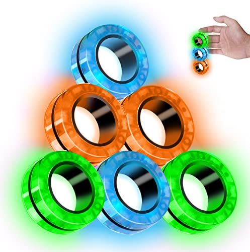 TornadoZ 6 Pcs Luminous Magnetic Ring Fidget Spinner Toys Set, Glow in The Dark Stress Relief Magnet Bracelet Magic Ring for Anti-Anxiety, Autism ADHD - Great Gift for Kids Adults Teen